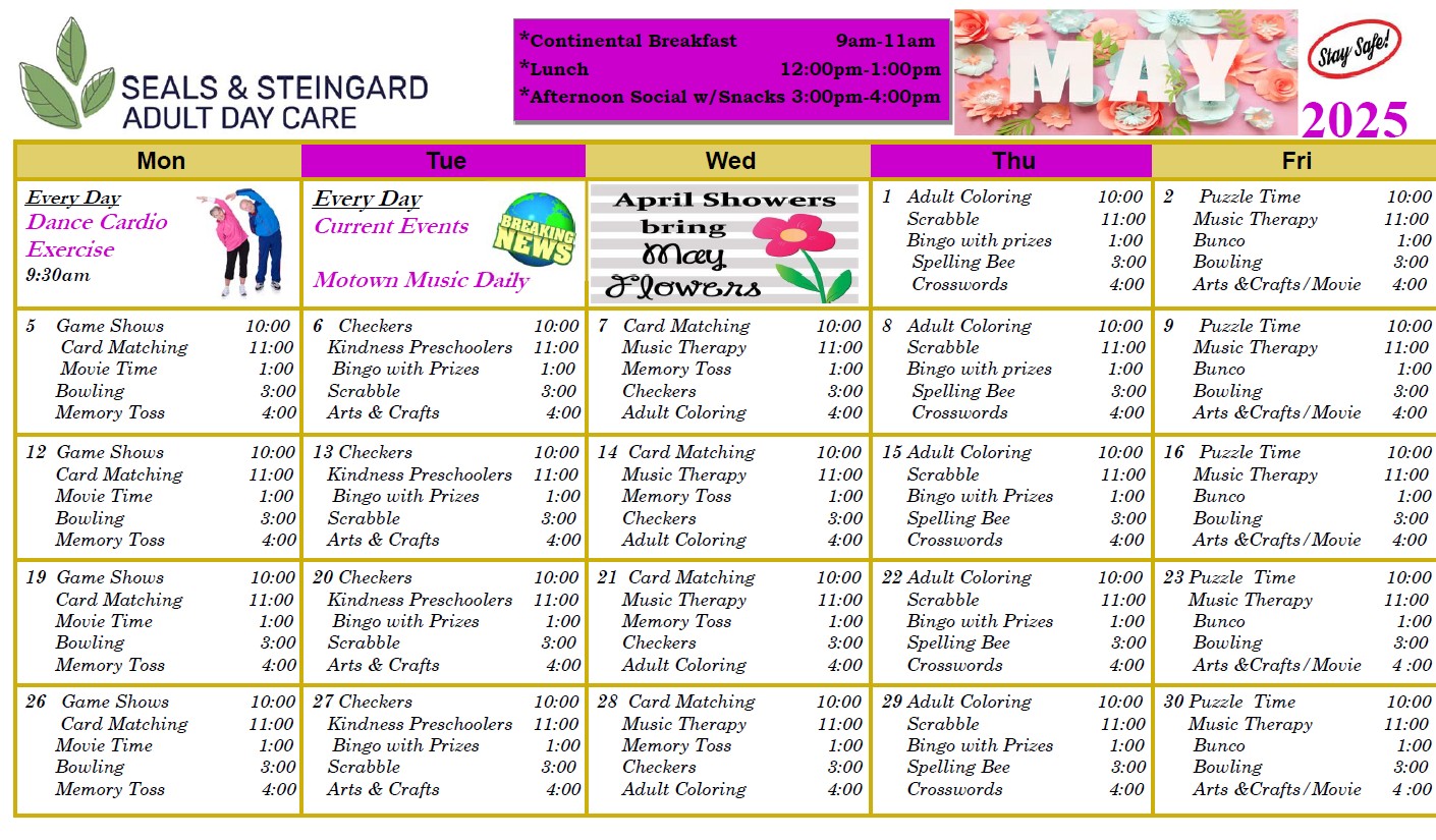 May Calendar of Events at Oak Park Adult Day Care